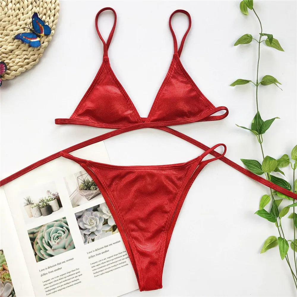 Hollowed Red Sexy Bikini Set Women String Swimsuit Push Up Swimwear 2026 Tied Thong Brazilian Bikini Bathing Suit Swim Wear