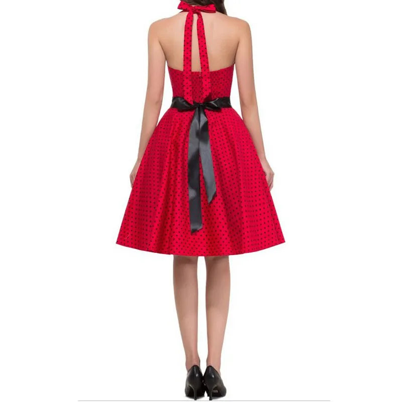 Polka Dot Dress Women Vintage Swing Halter Belt 50s 60s Rockabilly Prom Party Dresses Retro Feminino Vestidos