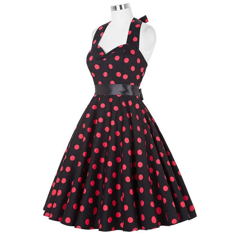 Polka Dot Dress Women Vintage Swing Halter Belt 50s 60s Rockabilly Prom Party Dresses Retro Feminino Vestidos