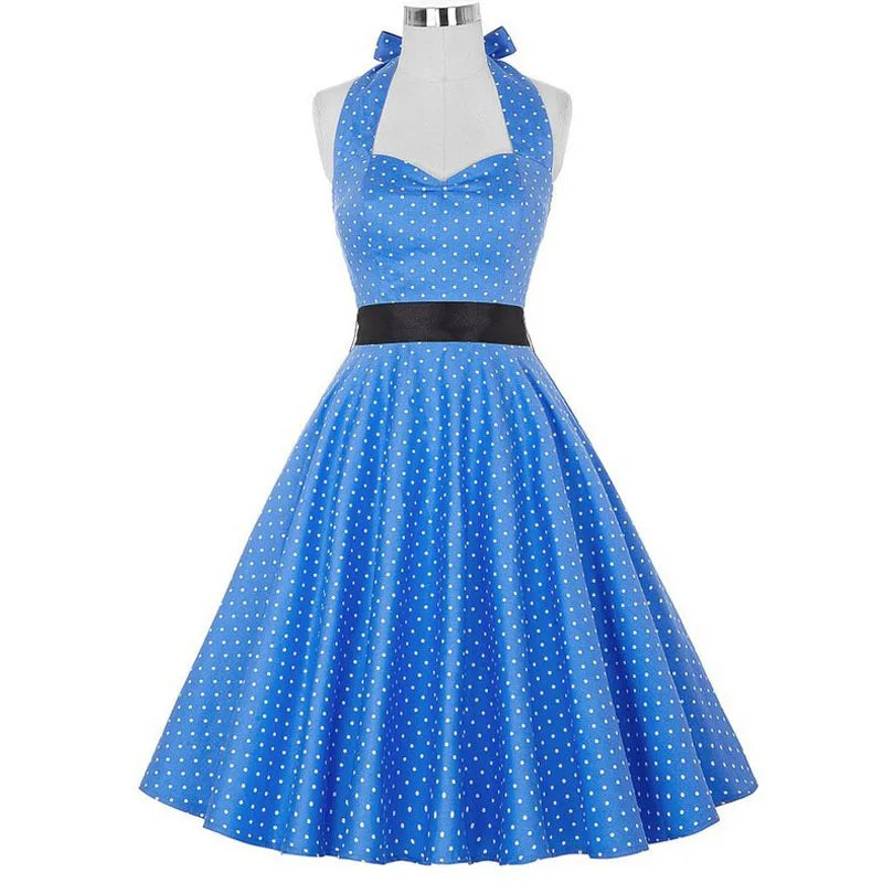 Polka Dot Dress Women Vintage Swing Halter Belt 50s 60s Rockabilly Prom Party Dresses Retro Feminino Vestidos