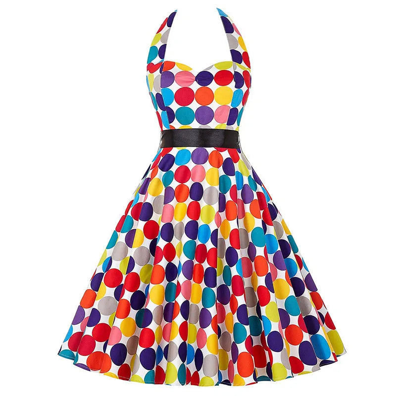 Polka Dot Dress Women Vintage Swing Halter Belt 50s 60s Rockabilly Prom Party Dresses Retro Feminino Vestidos