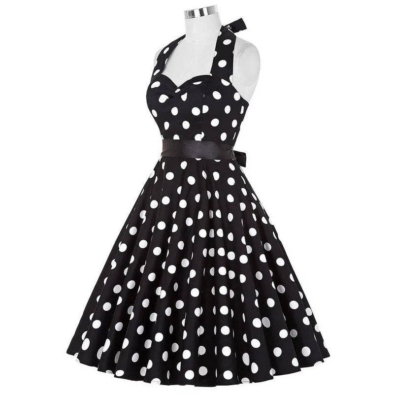 Polka Dot Dress Women Vintage Swing Halter Belt 50s 60s Rockabilly Prom Party Dresses Retro Feminino Vestidos