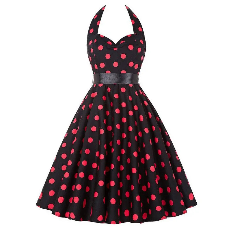 Polka Dot Dress Women Vintage Swing Halter Belt 50s 60s Rockabilly Prom Party Dresses Retro Feminino Vestidos