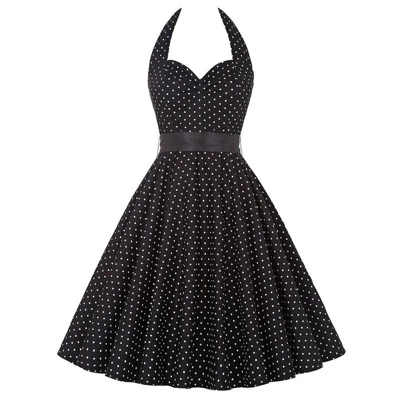 Polka Dot Dress Women Vintage Swing Halter Belt 50s 60s Rockabilly Prom Party Dresses Retro Feminino Vestidos