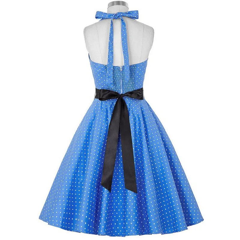 Polka Dot Dress Women Vintage Swing Halter Belt 50s 60s Rockabilly Prom Party Dresses Retro Feminino Vestidos