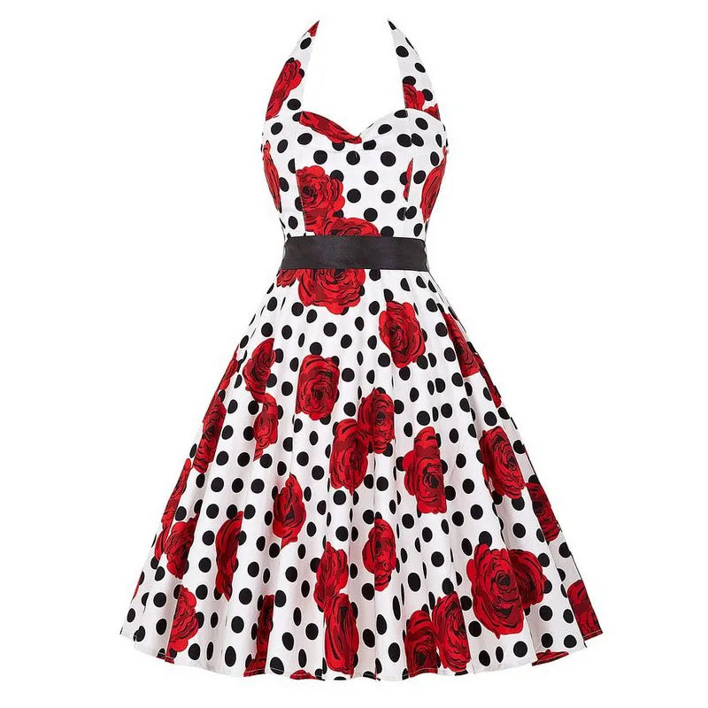 Polka Dot Dress Women Vintage Swing Halter Belt 50s 60s Rockabilly Prom Party Dresses Retro Feminino Vestidos