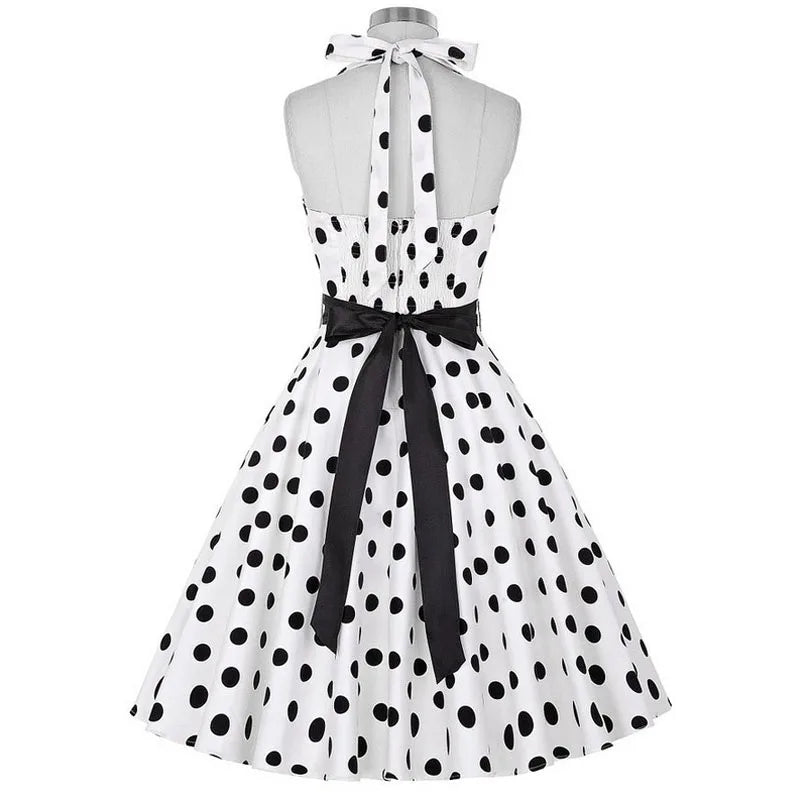 Polka Dot Dress Women Vintage Swing Halter Belt 50s 60s Rockabilly Prom Party Dresses Retro Feminino Vestidos