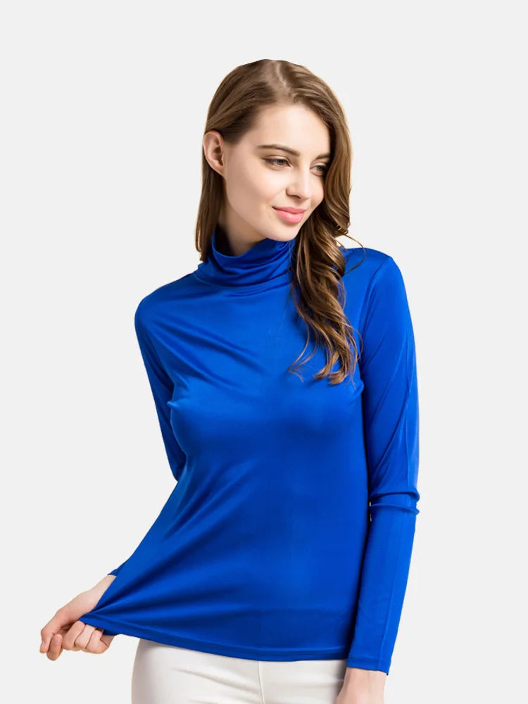 SuyaDream Women Turtleneck, Long Sleeved Solid Pullovers, Knitted Natural Silk, Chic Bottoming T Shirt, 2025 Spring Autumn TOP