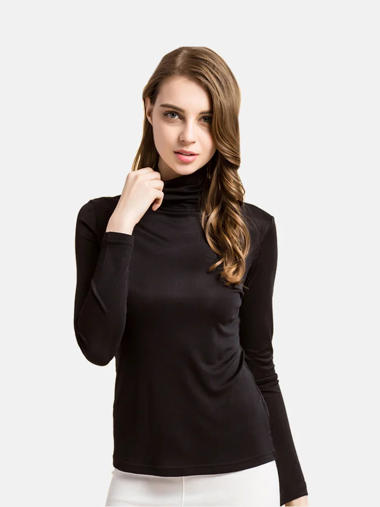 SuyaDream Women Turtleneck, Long Sleeved Solid Pullovers, Knitted Natural Silk, Chic Bottoming T Shirt, 2025 Spring Autumn TOP