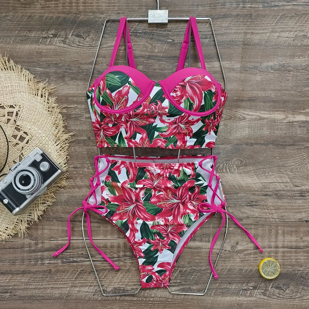 High Waist Swimwear 2025 New Leaf Print Bikinis Women Swimsuit Vintage Retro Bathing Suit Halter Biquini Maillot de bain femme
