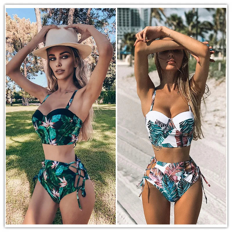 High Waist Swimwear 2025 New Leaf Print Bikinis Women Swimsuit Vintage Retro Bathing Suit Halter Biquini Maillot de bain femme