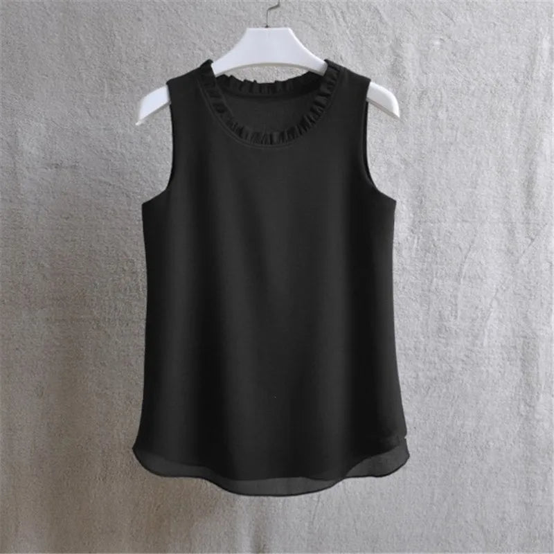 Woherb 21 Colors Solid Ruffle Chiffon Blouse Women 2026 Summer Fashion Vest Blusas Casual Loose Sleeveless Ladies Tops Shirt