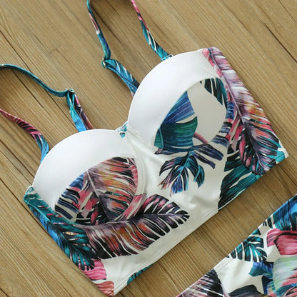High Waist Swimwear 2025 New Leaf Print Bikinis Women Swimsuit Vintage Retro Bathing Suit Halter Biquini Maillot de bain femme