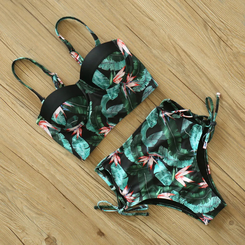 High Waist Swimwear 2025 New Leaf Print Bikinis Women Swimsuit Vintage Retro Bathing Suit Halter Biquini Maillot de bain femme