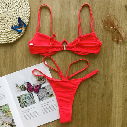 Hollowed Red Sexy Bikini Set Women String Swimsuit Push Up Swimwear 2026 Tied Thong Brazilian Bikini Bathing Suit Swim Wear