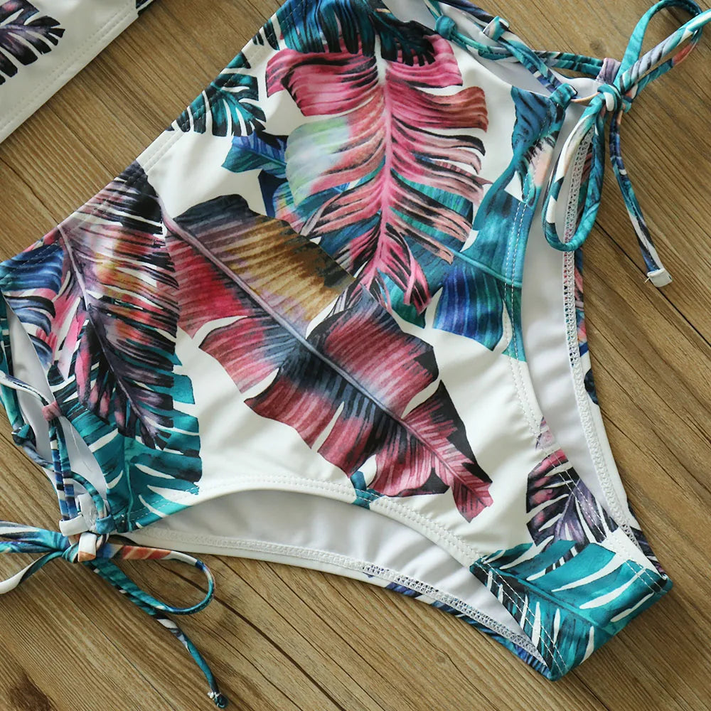 High Waist Swimwear 2025 New Leaf Print Bikinis Women Swimsuit Vintage Retro Bathing Suit Halter Biquini Maillot de bain femme