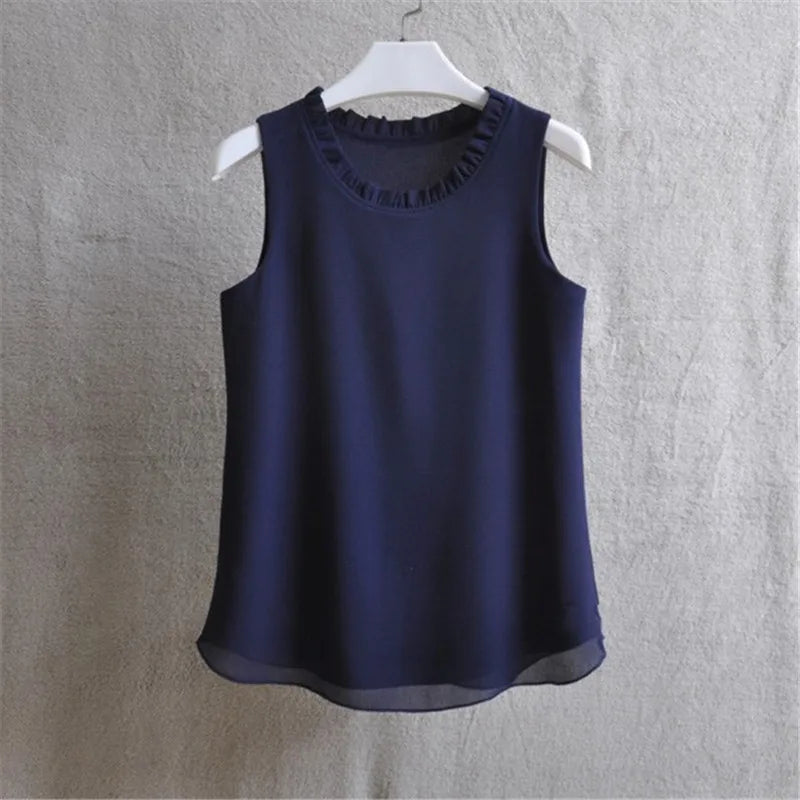 Woherb 21 Colors Solid Ruffle Chiffon Blouse Women 2026 Summer Fashion Vest Blusas Casual Loose Sleeveless Ladies Tops Shirt