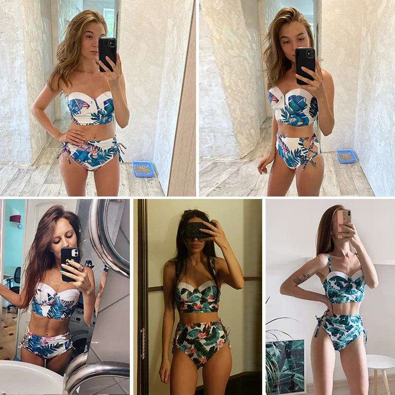High Waist Swimwear 2025 New Leaf Print Bikinis Women Swimsuit Vintage Retro Bathing Suit Halter Biquini Maillot de bain femme