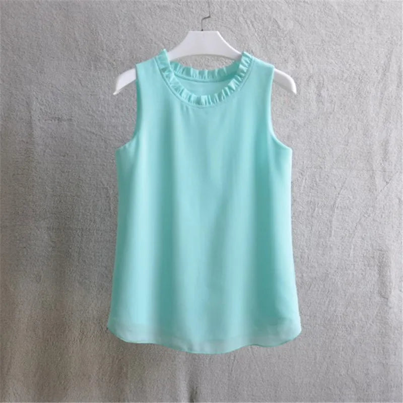 Woherb 21 Colors Solid Ruffle Chiffon Blouse Women 2026 Summer Fashion Vest Blusas Casual Loose Sleeveless Ladies Tops Shirt