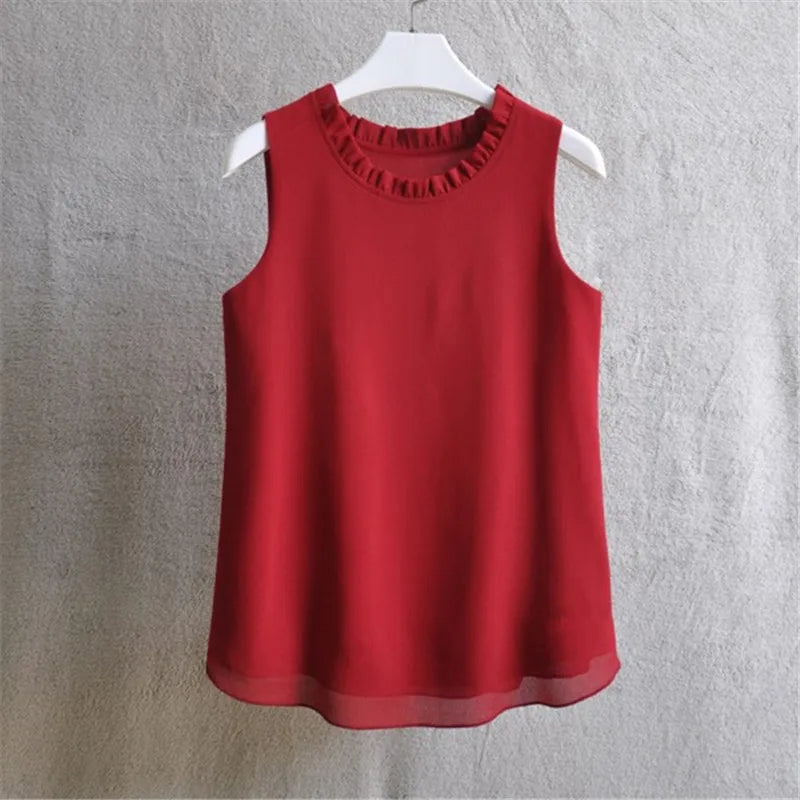 Woherb 21 Colors Solid Ruffle Chiffon Blouse Women 2026 Summer Fashion Vest Blusas Casual Loose Sleeveless Ladies Tops Shirt