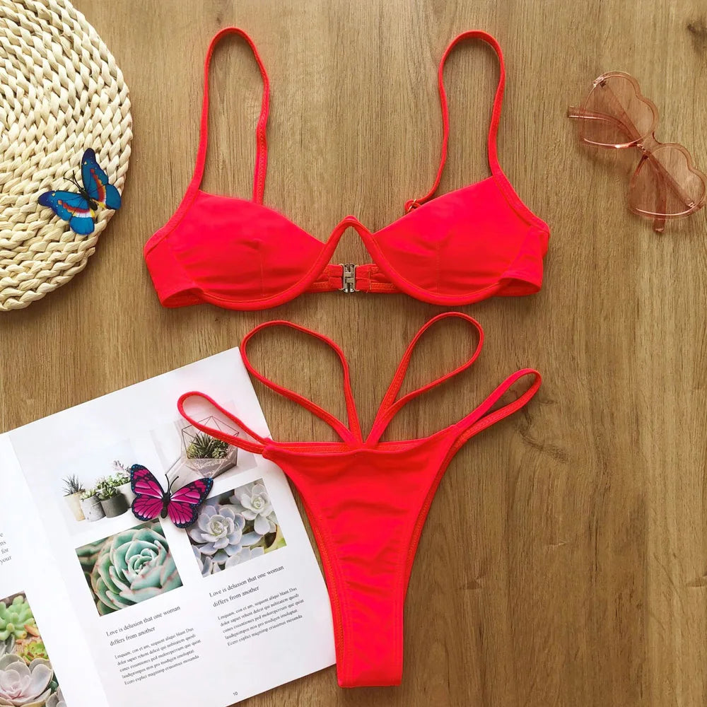 Hollowed Red Sexy Bikini Set Women String Swimsuit Push Up Swimwear 2026 Tied Thong Brazilian Bikini Bathing Suit Swim Wear