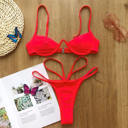 Hollowed Red Sexy Bikini Set Women String Swimsuit Push Up Swimwear 2026 Tied Thong Brazilian Bikini Bathing Suit Swim Wear