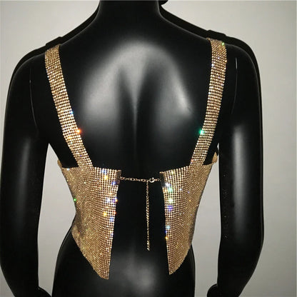 2025 Glitter Nightclub Backless Rhinestone Tank Top Women Sexy Metal Crystal Diamonds Sequined Night Club Party Wear Crop Top
