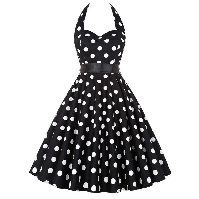 Polka Dot Dress Women Vintage Swing Halter Belt 50s 60s Rockabilly Prom Party Dresses Retro Feminino Vestidos