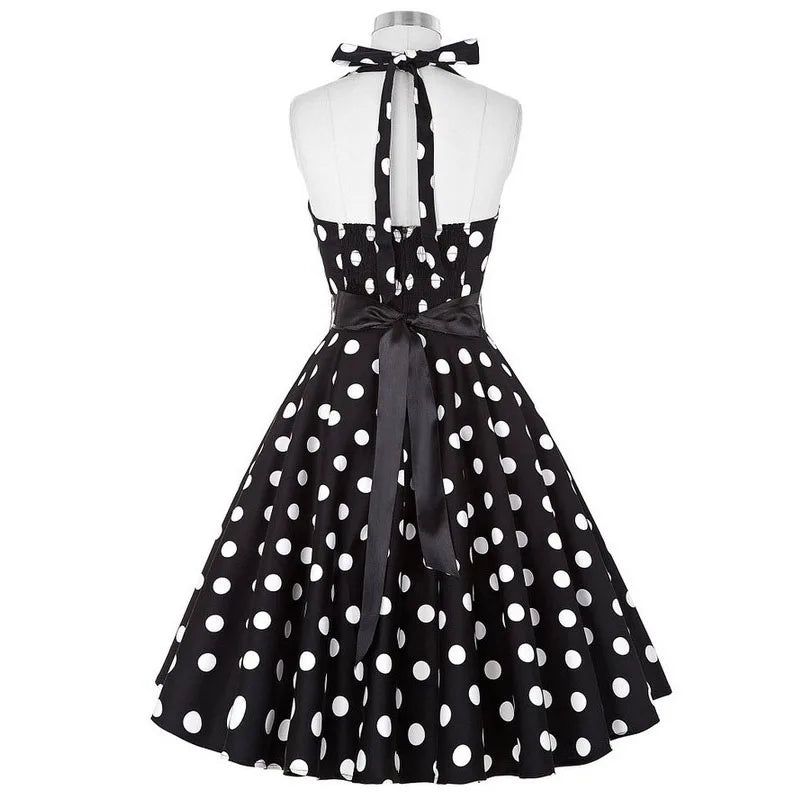 Polka Dot Dress Women Vintage Swing Halter Belt 50s 60s Rockabilly Prom Party Dresses Retro Feminino Vestidos