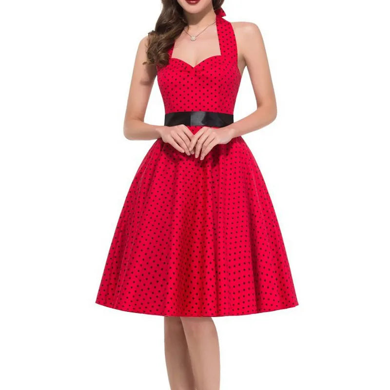 Polka Dot Dress Women Vintage Swing Halter Belt 50s 60s Rockabilly Prom Party Dresses Retro Feminino Vestidos