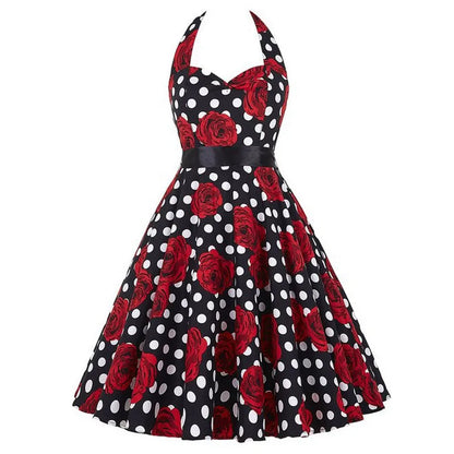 Polka Dot Dress Women Vintage Swing Halter Belt 50s 60s Rockabilly Prom Party Dresses Retro Feminino Vestidos