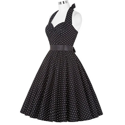 Polka Dot Dress Women Vintage Swing Halter Belt 50s 60s Rockabilly Prom Party Dresses Retro Feminino Vestidos