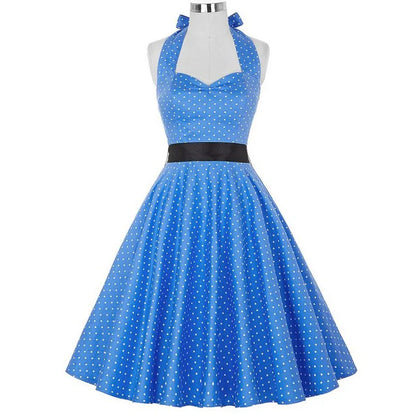 Polka Dot Dress Women Vintage Swing Halter Belt 50s 60s Rockabilly Prom Party Dresses Retro Feminino Vestidos