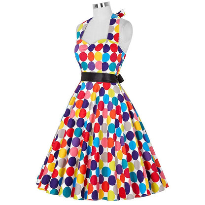 Polka Dot Dress Women Vintage Swing Halter Belt 50s 60s Rockabilly Prom Party Dresses Retro Feminino Vestidos