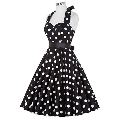 Polka Dot Dress Women Vintage Swing Halter Belt 50s 60s Rockabilly Prom Party Dresses Retro Feminino Vestidos