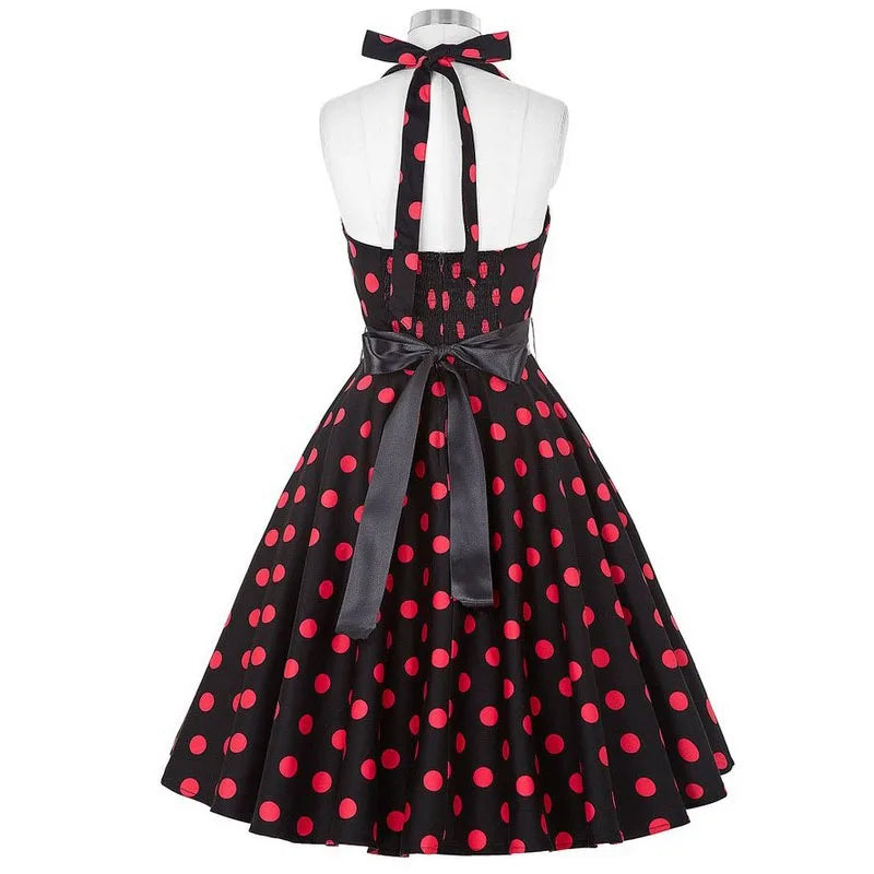 Polka Dot Dress Women Vintage Swing Halter Belt 50s 60s Rockabilly Prom Party Dresses Retro Feminino Vestidos
