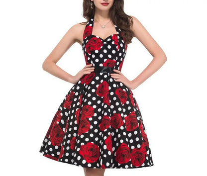 Polka Dot Dress Women Vintage Swing Halter Belt 50s 60s Rockabilly Prom Party Dresses Retro Feminino Vestidos