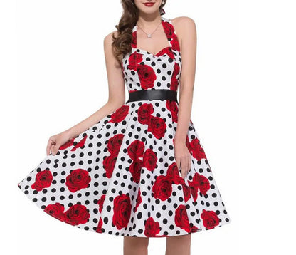 Polka Dot Dress Women Vintage Swing Halter Belt 50s 60s Rockabilly Prom Party Dresses Retro Feminino Vestidos