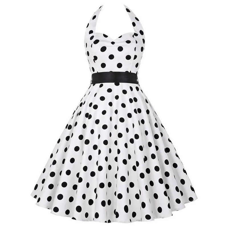 Polka Dot Dress Women Vintage Swing Halter Belt 50s 60s Rockabilly Prom Party Dresses Retro Feminino Vestidos