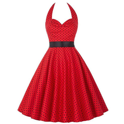 Polka Dot Dress Women Vintage Swing Halter Belt 50s 60s Rockabilly Prom Party Dresses Retro Feminino Vestidos