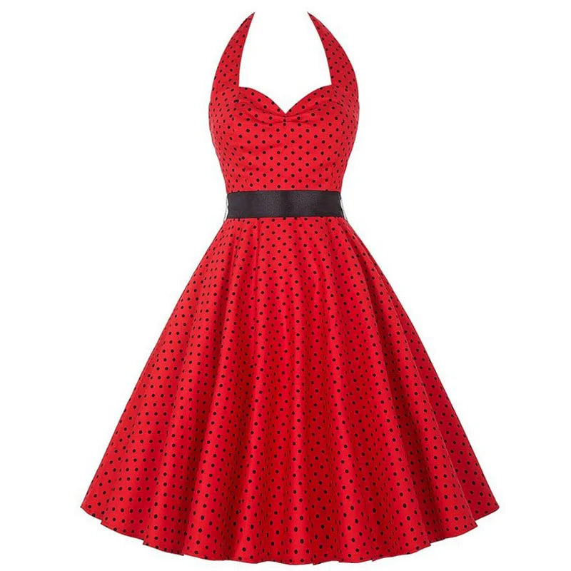 Polka Dot Dress Women Vintage Swing Halter Belt 50s 60s Rockabilly Prom Party Dresses Retro Feminino Vestidos