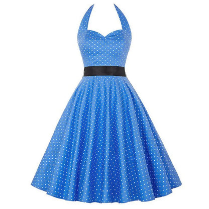 Polka Dot Dress Women Vintage Swing Halter Belt 50s 60s Rockabilly Prom Party Dresses Retro Feminino Vestidos