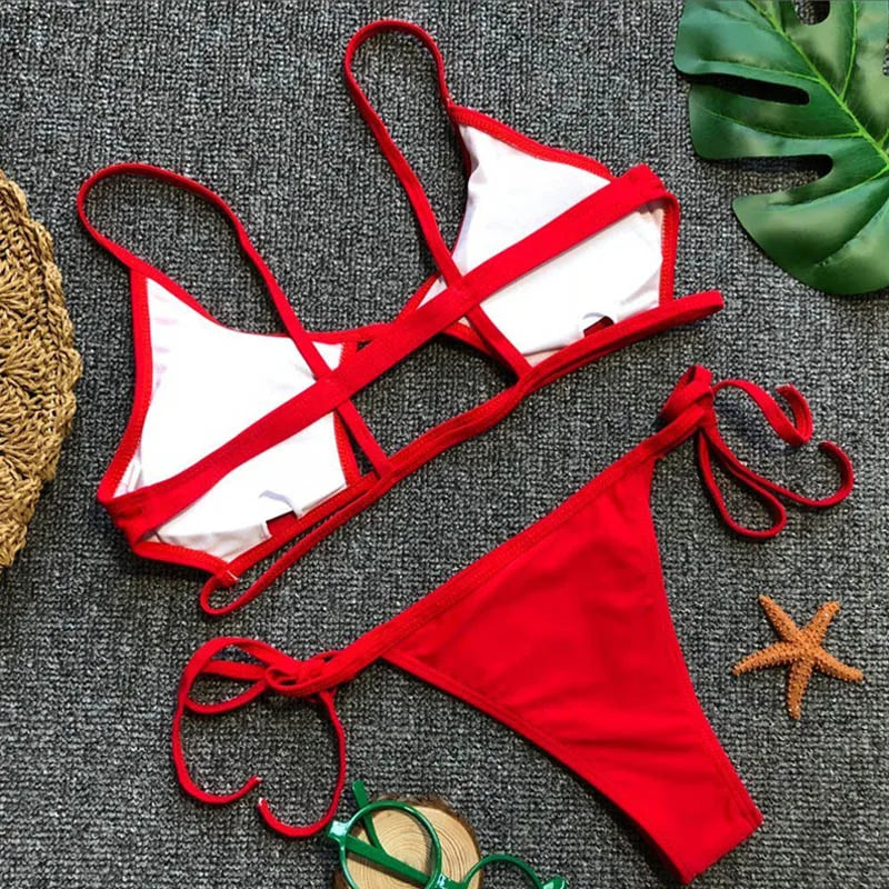 Hollowed Red Sexy Bikini Set Women String Swimsuit Push Up Swimwear 2026 Tied Thong Brazilian Bikini Bathing Suit Swim Wear