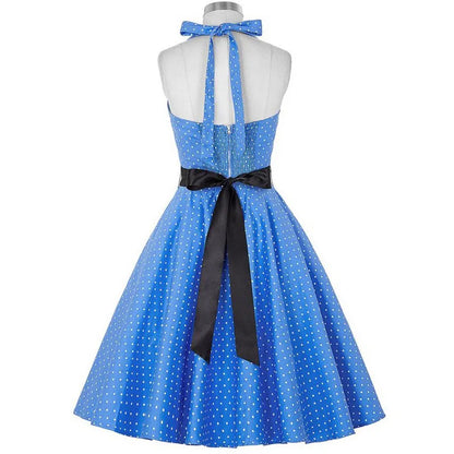 Polka Dot Dress Women Vintage Swing Halter Belt 50s 60s Rockabilly Prom Party Dresses Retro Feminino Vestidos