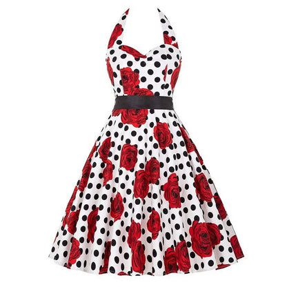 Polka Dot Dress Women Vintage Swing Halter Belt 50s 60s Rockabilly Prom Party Dresses Retro Feminino Vestidos