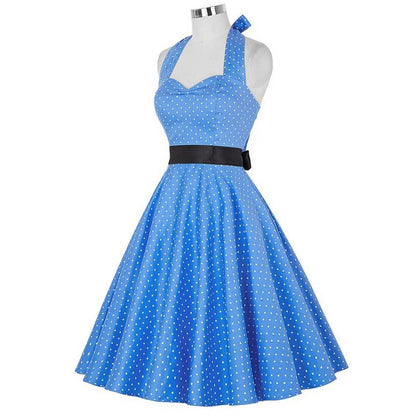 Polka Dot Dress Women Vintage Swing Halter Belt 50s 60s Rockabilly Prom Party Dresses Retro Feminino Vestidos