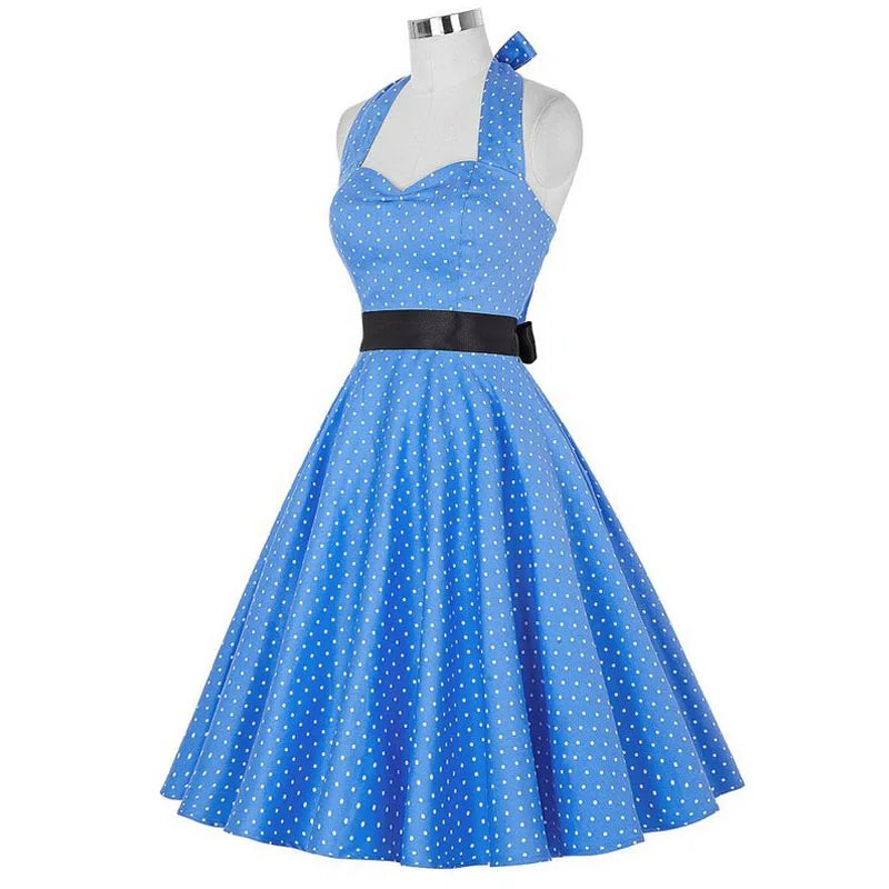 Polka Dot Dress Women Vintage Swing Halter Belt 50s 60s Rockabilly Prom Party Dresses Retro Feminino Vestidos