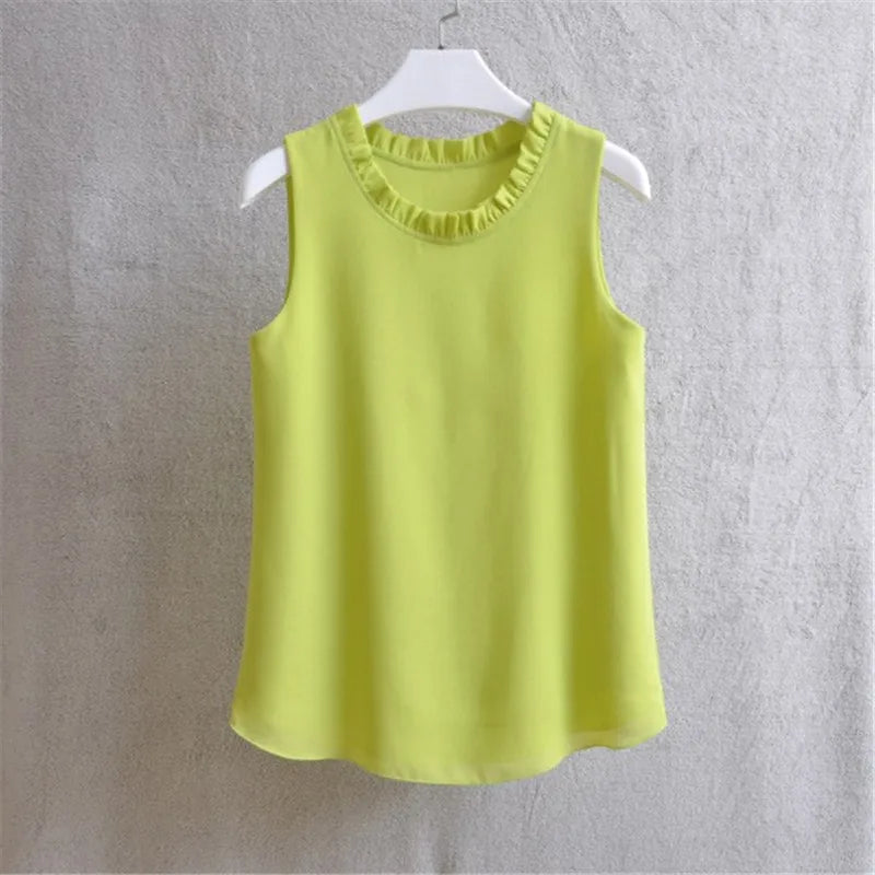 Woherb 21 Colors Solid Ruffle Chiffon Blouse Women 2026 Summer Fashion Vest Blusas Casual Loose Sleeveless Ladies Tops Shirt