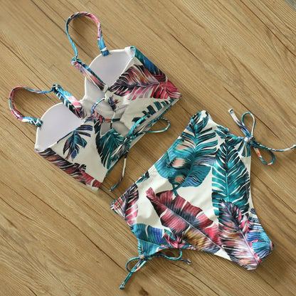 High Waist Swimwear 2025 New Leaf Print Bikinis Women Swimsuit Vintage Retro Bathing Suit Halter Biquini Maillot de bain femme