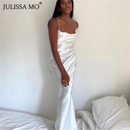 JULISSA MO Sexy Spaghetti Strap Backless Maxi Dress Women Satin Lace Up Trumpet Evening Dress Elegant Bodycon Party Dresses 2026